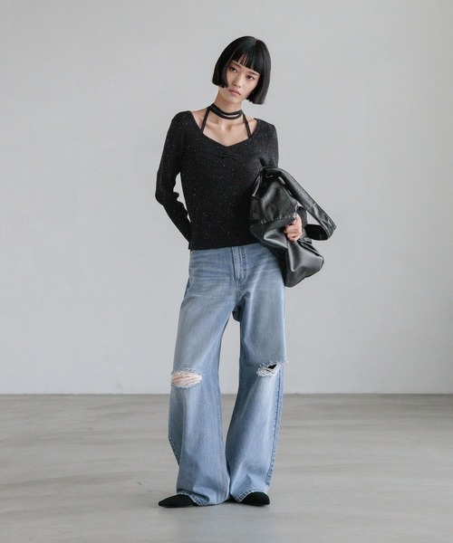 LOWRYS FARM(ローリーズファーム)の「ギャザースパンコールニット 637810(ニット/セーター・レディース・ブルー/アイボリー/ブラック/オレンジ・FREE)」の10枚目の写真