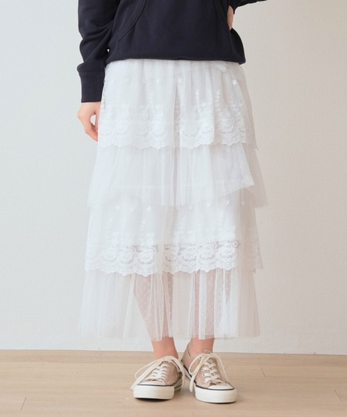 Nohea(ノヘア)の「スカラップ刺繍チュール 5段ティーアードスカート(スカート・レディース・ブラック/アイボリー/オフホワイト・M)」の21枚目の写真