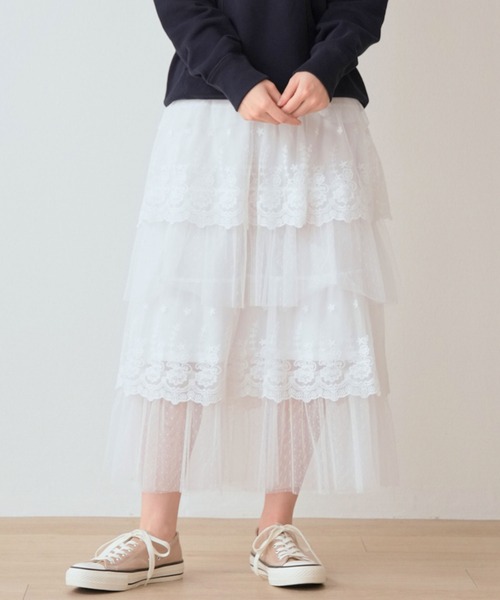 Nohea(ノヘア)の「スカラップ刺繍チュール 5段ティーアードスカート(スカート・レディース・ブラック/アイボリー/オフホワイト・M)」の22枚目の写真