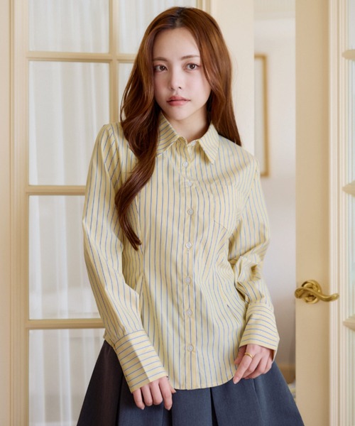 MSGirl(エムエスジーガール)の「スリムフィットシャツ 長袖 タイト(シャツ/ブラウス・レディース・ブルー系/イエロー系/ピンク/ホワイト・FREE)」の3枚目の写真
