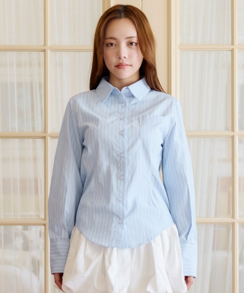 MSGirl(エムエスジーガール)の「スリムフィットシャツ 長袖 タイト(シャツ/ブラウス・レディース・ブルー系/イエロー系/ピンク/ホワイト・FREE)」の5枚目の写真