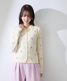 フラワー刺繍ポロニットトップス≪手洗い可能≫