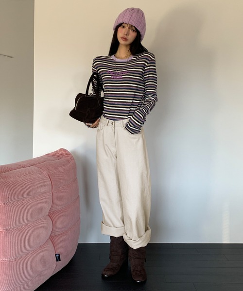 UNE MANSION（ユヌマンション）の「【2026SS新作アイテム】 【UNE ORIGINAL】バックポケットレース刺繍ワイドデニムパンツ（その他パンツ・レディース・チャコールグレー/アイボリー・SMALL/MEDIUM）」の8枚目の写真