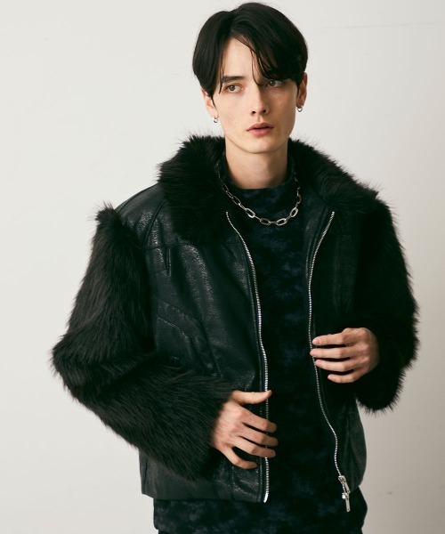 Shoowtime（ショウタイム）の「Fur Pattern Synthetic leather Blouson / ファーパターン合成皮革ショート丈ブルゾン（ブルゾン・メンズ・ブラック系・MEDIUM/LARGE/X-LARGE）」の2枚目の写真