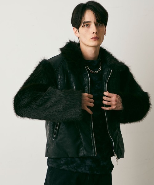 Shoowtime（ショウタイム）の「Fur Pattern Synthetic leather Blouson / ファーパターン合成皮革ショート丈ブルゾン（ブルゾン・メンズ・ブラック系・MEDIUM/LARGE/X-LARGE）」の3枚目の写真