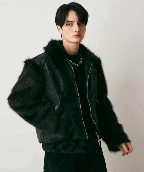 Shoowtime（ショウタイム）の「Fur Pattern Synthetic leather Blouson / ファーパターン合成皮革ショート丈ブルゾン（ブルゾン・メンズ・ブラック系・MEDIUM/LARGE/X-LARGE）」の4枚目の写真