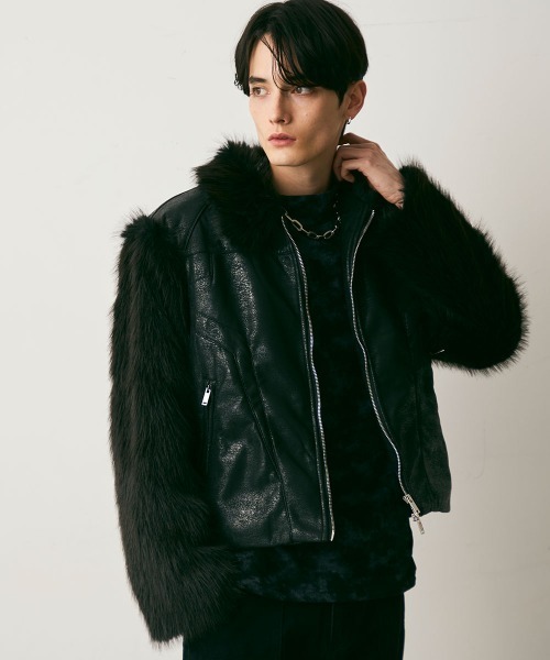 Shoowtime（ショウタイム）の「Fur Pattern Synthetic leather Blouson / ファーパターン合成皮革ショート丈ブルゾン（ブルゾン・メンズ・ブラック系・MEDIUM/LARGE/X-LARGE）」の5枚目の写真