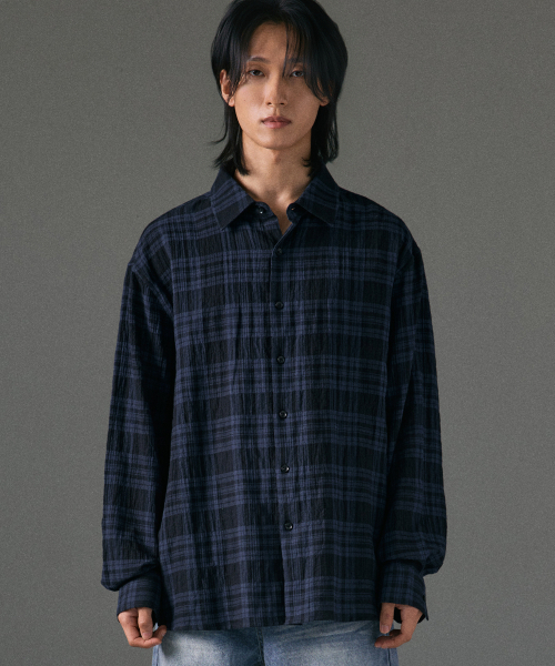 LXT（エルエックスティー）の「ライトクリンクルコットンチェックシャツ[ネイビー]（シャツ/ブラウス・レディース・その他・1/2/3）」の2枚目の写真