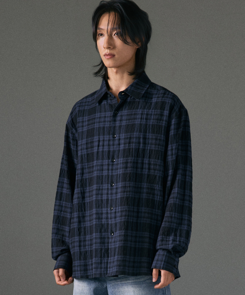 LXT（エルエックスティー）の「ライトクリンクルコットンチェックシャツ[ネイビー]（シャツ/ブラウス・レディース・その他・1/2/3）」の3枚目の写真
