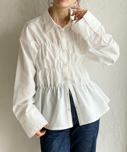 She's Closet(シーズクローゼット)の「長袖 シャーリング ビスチェ デザイン シャツ ブラウス(シャツ/ブラウス・レディース・チャコールグレー/ブルー/ホワイト・FREE)」の1枚目の写真