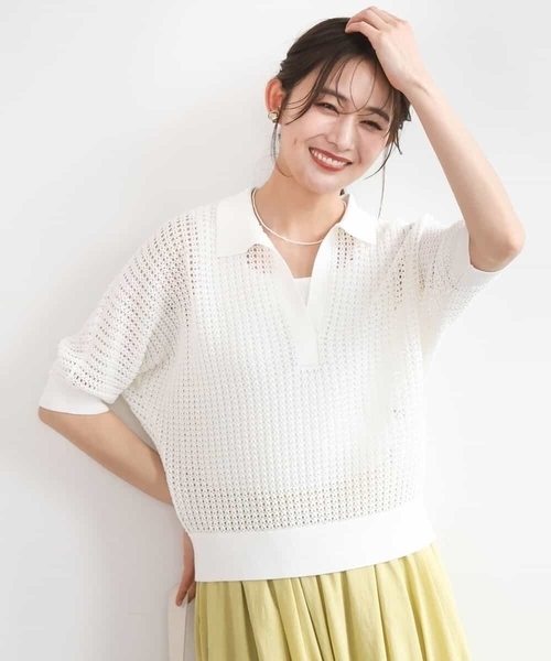 MK MICHEL KLEIN（エムケーミッシェルクラン）の「[洗える]レーシー柄編み衿付きニット（ニット/セーター・レディース・アイボリー/グリーン/ネイビー・38）」の2枚目の写真