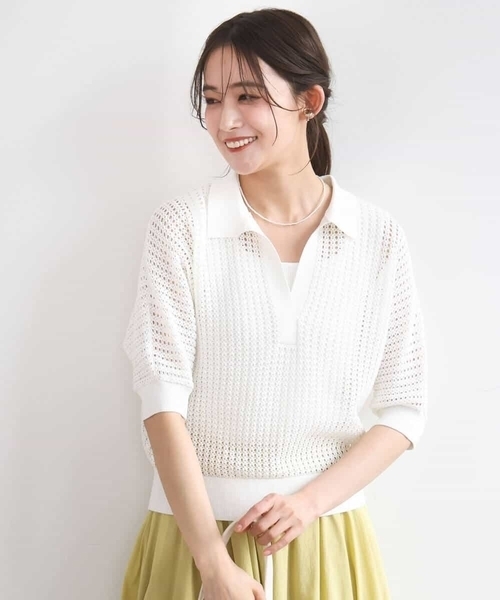 MK MICHEL KLEIN（エムケーミッシェルクラン）の「[洗える]レーシー柄編み衿付きニット（ニット/セーター・レディース・アイボリー/グリーン/ネイビー・38）」の4枚目の写真