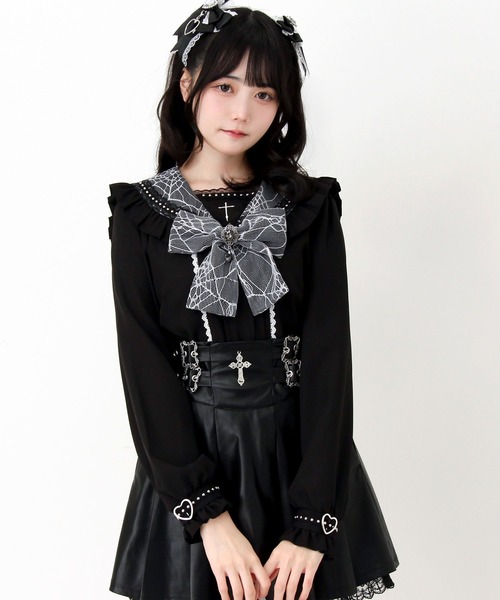 DearMyLove(ディアマイラブ)の「十字架クモレースセーラーフリル長袖ブラウス(シャツ/ブラウス・レディース・ブラック×ホワイト/ボルドー/パープル・3L/LARGE/MEDIUM)」の2枚目の写真