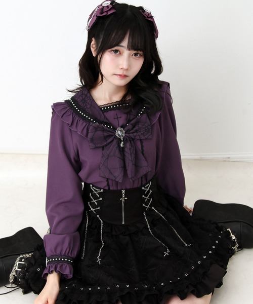 DearMyLove(ディアマイラブ)の「十字架クモレースセーラーフリル長袖ブラウス(シャツ/ブラウス・レディース・ブラック×ホワイト/ボルドー/パープル・3L/LARGE/MEDIUM)」の3枚目の写真