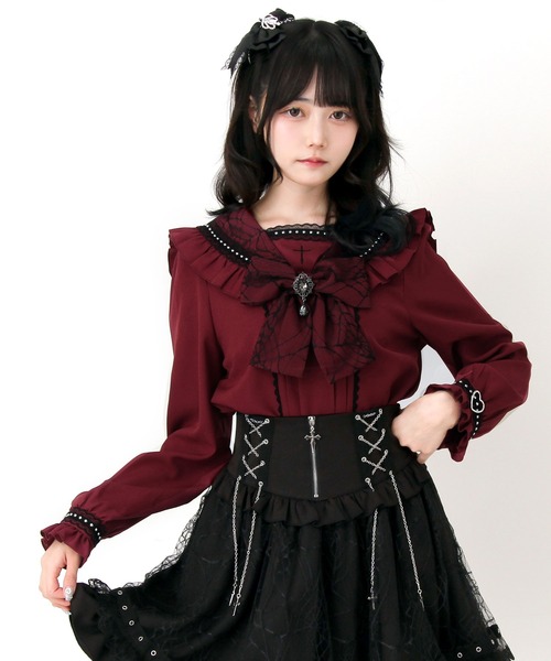 DearMyLove(ディアマイラブ)の「十字架クモレースセーラーフリル長袖ブラウス(シャツ/ブラウス・レディース・ブラック×ホワイト/ボルドー/パープル・3L/LARGE/MEDIUM)」の1枚目の写真