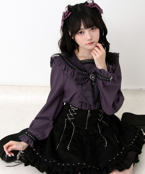 DearMyLove(ディアマイラブ)の「十字架クモレースセーラーフリル長袖ブラウス(シャツ/ブラウス・レディース・ブラック×ホワイト/ボルドー/パープル・3L/LARGE/MEDIUM)」の9枚目の写真