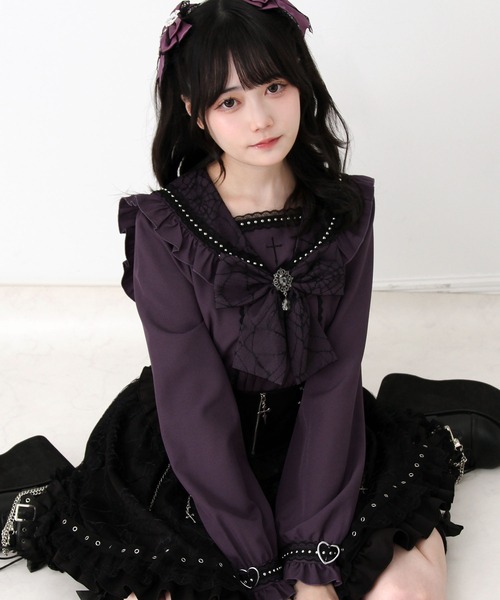 DearMyLove(ディアマイラブ)の「十字架クモレースセーラーフリル長袖ブラウス(シャツ/ブラウス・レディース・ブラック×ホワイト/ボルドー/パープル・3L/LARGE/MEDIUM)」の11枚目の写真