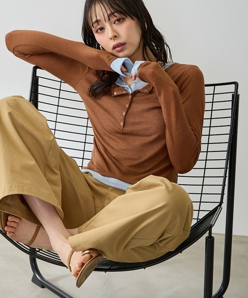 Anclear oui(アンクリアウィ)の「配色ヘンリーネックプルオーバー(Tシャツ/カットソー・レディース・PINK/Moca/Black/Beige・F)」の2枚目の写真