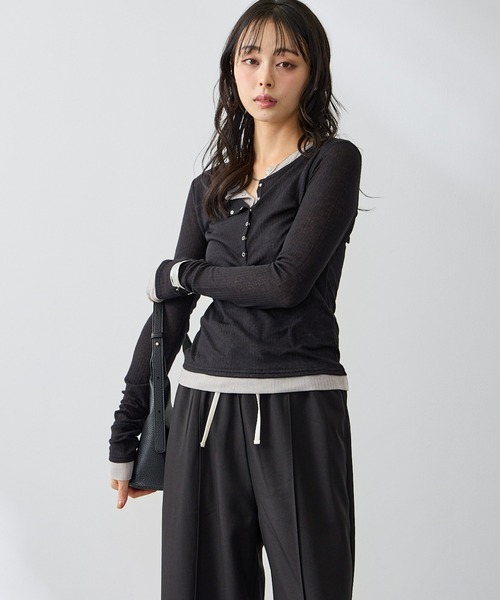 Anclear oui(アンクリアウィ)の「配色ヘンリーネックプルオーバー(Tシャツ/カットソー・レディース・PINK/Moca/Black/Beige・F)」の8枚目の写真