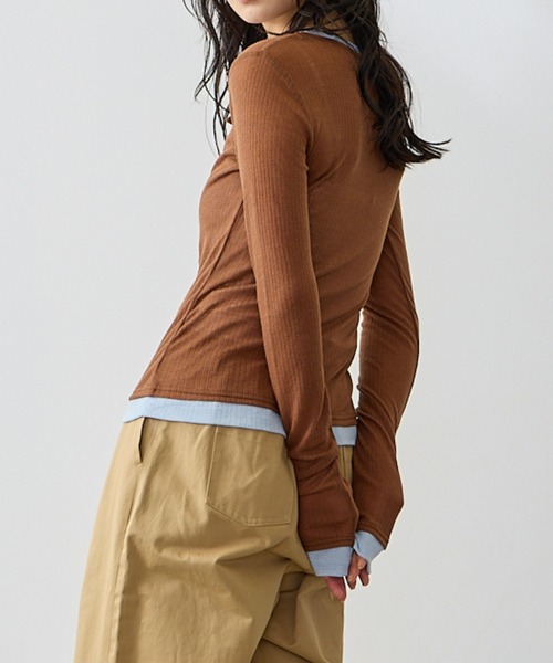 Anclear oui(アンクリアウィ)の「配色ヘンリーネックプルオーバー(Tシャツ/カットソー・レディース・PINK/Moca/Black/Beige・F)」の15枚目の写真