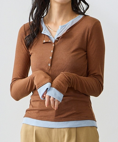 Anclear oui(アンクリアウィ)の「配色ヘンリーネックプルオーバー(Tシャツ/カットソー・レディース・PINK/Moca/Black/Beige・F)」の14枚目の写真