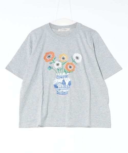 SUPER HAKKA（スーパーハッカ）の「SUPER　HAKKA×マツモトヨーコ　30／－天竺「そこにあるしあわせ」プリントTシャツ（Tシャツ/カットソー・レディース・オフホワイト/杢グレー/グリーン・FREE）」の2枚目の写真