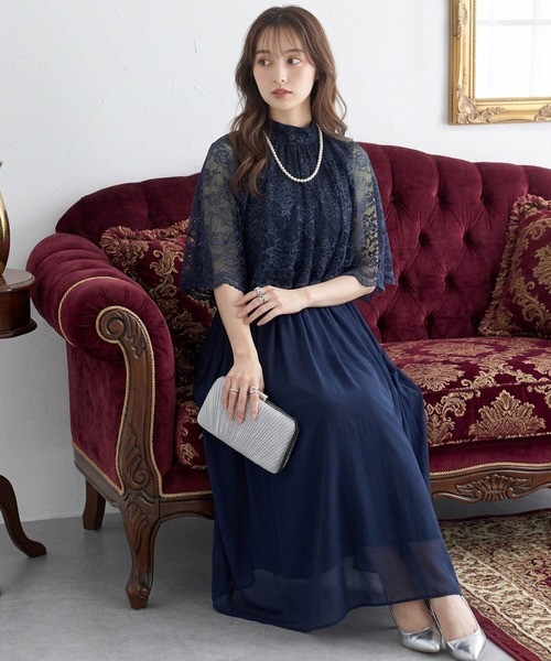 Cinderella(シンデレラ)の「ドレス ロングドレス ケープ ハイネック ワンピース 結婚式 パーティードレス お呼ばれ パーティー 成人式 謝恩会 二次会 同窓会(ドレス・レディース・ネイビー・MEDIUM)」の1枚目の写真
