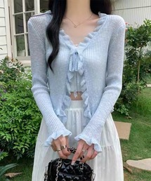ショート丈 ガーリー フリル リボン リブ カーディガン