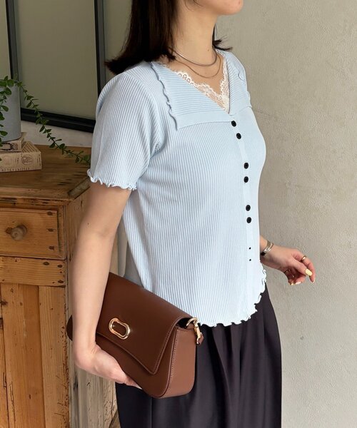 Thevon(ゼボン)の「ネックレースドッキング半袖ニットカーディガン(カーディガン/ボレロ・レディース・サックスブルー/グレー/イエロー・FREE)」の15枚目の写真