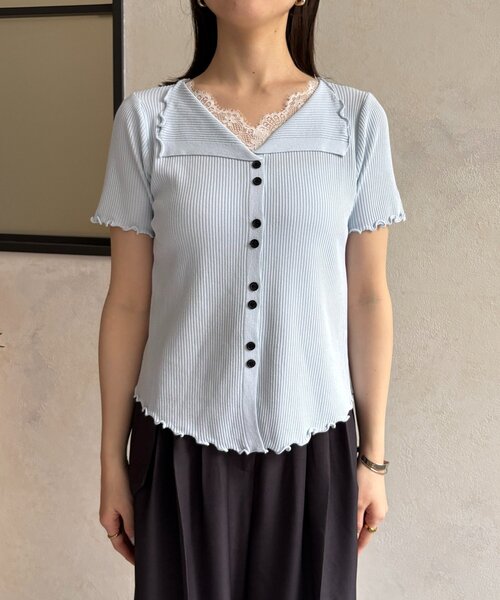 Thevon(ゼボン)の「ネックレースドッキング半袖ニットカーディガン(カーディガン/ボレロ・レディース・サックスブルー/グレー/イエロー・FREE)」の19枚目の写真
