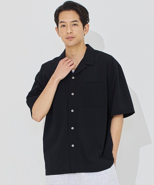 coca(coca)(コカ)の「変形メッシュ半袖オープンカラーシャツ(シャツ/ブラウス・メンズ・ブラック/ライトグレー・M/XL/L)」の2枚目の写真