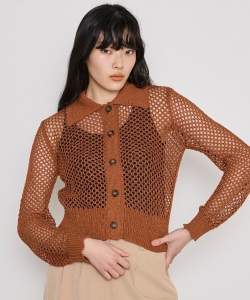COMMON+HAUS(コモンハウス)の「アイレットメッシュニットカーディガン(カーディガン/ボレロ・レディース・グレー/ライム/ブラウン・FREE)」の3枚目の写真