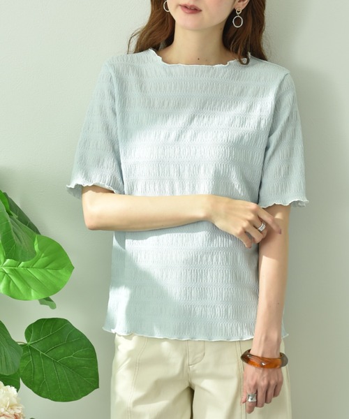 INTERPLANET(インタープラネット)の「ストライプジャガードメローフリル5分袖プルオーバー(Tシャツ/カットソー・レディース・アイボリー/ブラック/サックスブルー・FREE)」の3枚目の写真