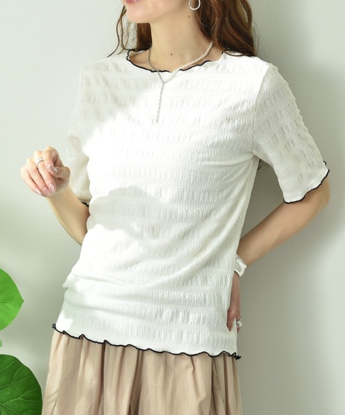 INTERPLANET(インタープラネット)の「ストライプジャガードメローフリル5分袖プルオーバー(Tシャツ/カットソー・レディース・アイボリー/ブラック/サックスブルー・FREE)」の13枚目の写真