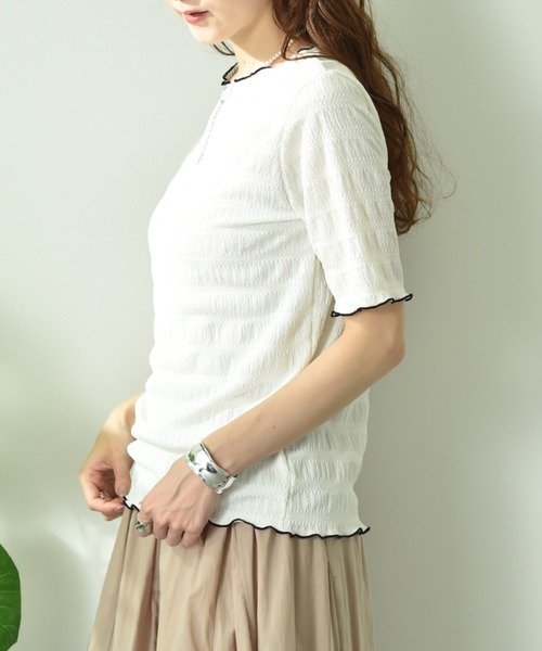 INTERPLANET(インタープラネット)の「ストライプジャガードメローフリル5分袖プルオーバー(Tシャツ/カットソー・レディース・アイボリー/ブラック/サックスブルー・FREE)」の14枚目の写真