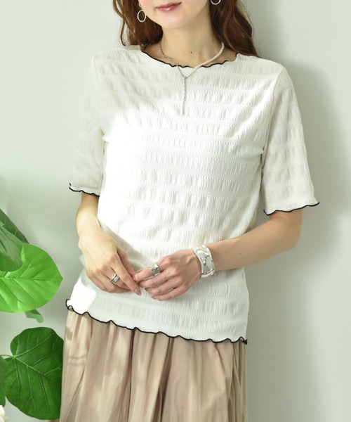 INTERPLANET(インタープラネット)の「ストライプジャガードメローフリル5分袖プルオーバー(Tシャツ/カットソー・レディース・アイボリー/ブラック/サックスブルー・FREE)」の15枚目の写真