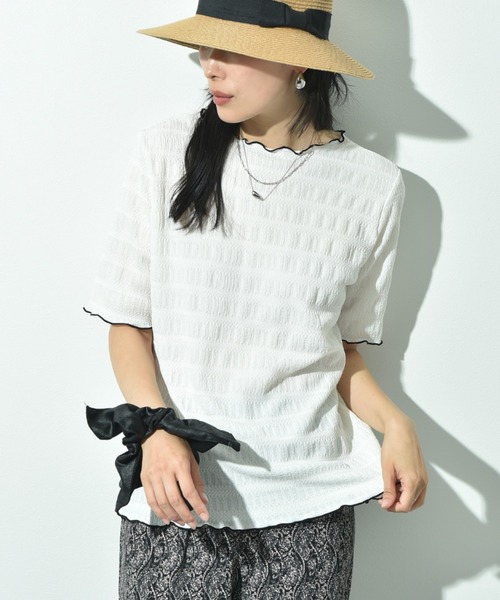 INTERPLANET(インタープラネット)の「ストライプジャガードメローフリル5分袖プルオーバー(Tシャツ/カットソー・レディース・アイボリー/ブラック/サックスブルー・FREE)」の17枚目の写真