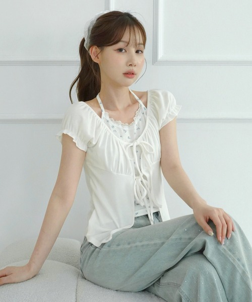 by muni:r（バイ ムニール）の「【選べる4色・着用動画あり】フラワーレースホルターレイヤードTシャツ（Tシャツ/カットソー・レディース・ホワイト/グレー/ピンク/ブルー・FREE）」の7枚目の写真