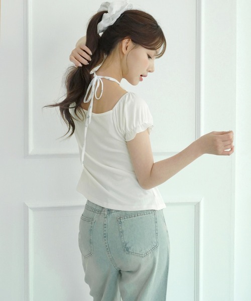 by muni:r（バイ ムニール）の「【選べる4色・着用動画あり】フラワーレースホルターレイヤードTシャツ（Tシャツ/カットソー・レディース・ホワイト/グレー/ピンク/ブルー・FREE）」の9枚目の写真