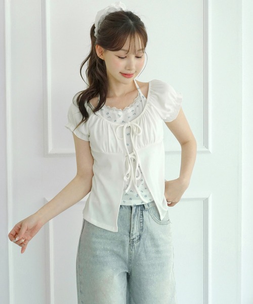 by muni:r（バイ ムニール）の「【選べる4色・着用動画あり】フラワーレースホルターレイヤードTシャツ（Tシャツ/カットソー・レディース・ホワイト/グレー/ピンク/ブルー・FREE）」の10枚目の写真