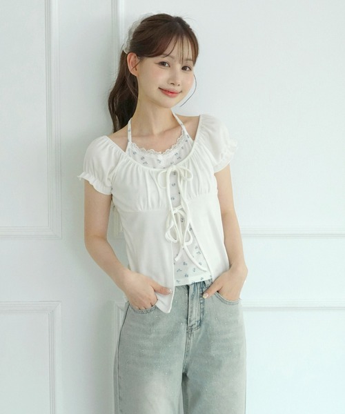 by muni:r（バイ ムニール）の「【選べる4色・着用動画あり】フラワーレースホルターレイヤードTシャツ（Tシャツ/カットソー・レディース・ホワイト/グレー/ピンク/ブルー・FREE）」の12枚目の写真
