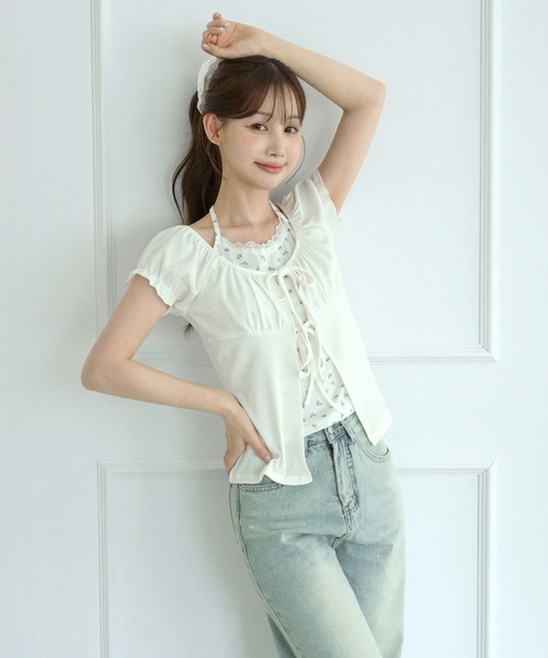 by muni:r（バイ ムニール）の「【選べる4色・着用動画あり】フラワーレースホルターレイヤードTシャツ（Tシャツ/カットソー・レディース・ホワイト/グレー/ピンク/ブルー・FREE）」の16枚目の写真