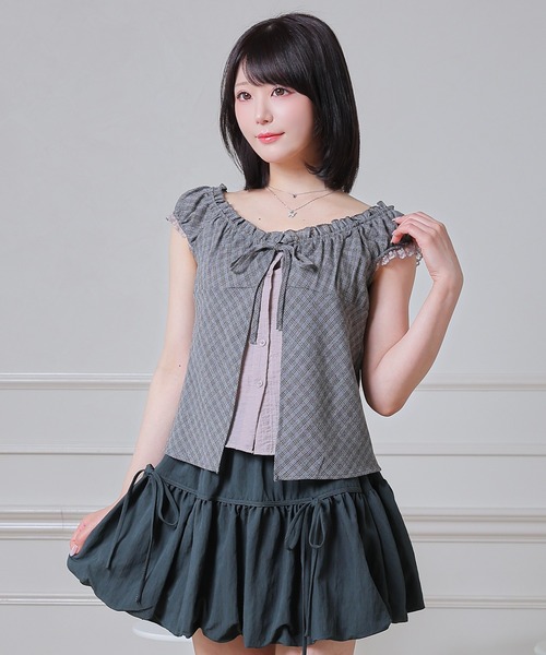 Anely(アネリー)の「Anely 2way チェック柄 フロント リボン レイヤード ブラウス(シャツ/ブラウス・レディース・グレー/パープル/ブラック・FREE)」の1枚目の写真