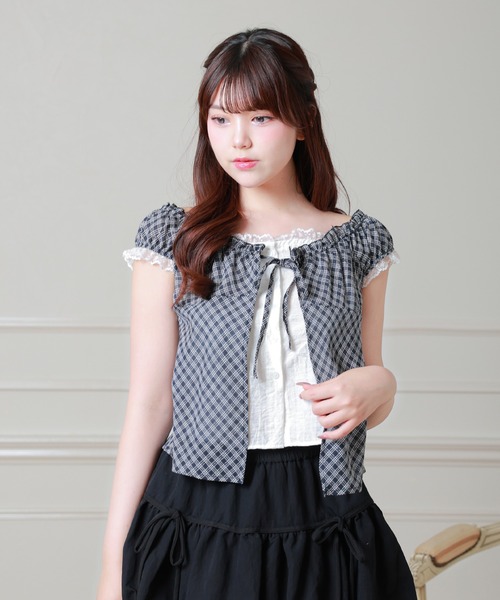 Anely(アネリー)の「Anely 2way チェック柄 フロント リボン レイヤード ブラウス(シャツ/ブラウス・レディース・グレー/パープル/ブラック・FREE)」の2枚目の写真
