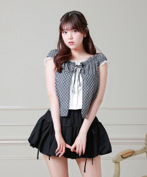 Anely(アネリー)の「Anely 2way チェック柄 フロント リボン レイヤード ブラウス(シャツ/ブラウス・レディース・グレー/パープル/ブラック・FREE)」の5枚目の写真