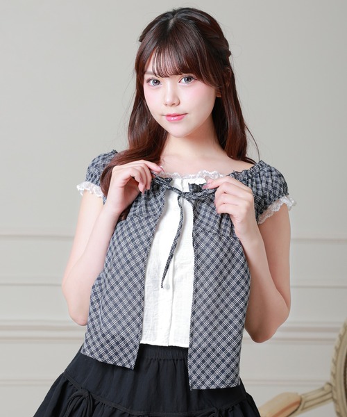 Anely(アネリー)の「Anely 2way チェック柄 フロント リボン レイヤード ブラウス(シャツ/ブラウス・レディース・グレー/パープル/ブラック・FREE)」の7枚目の写真