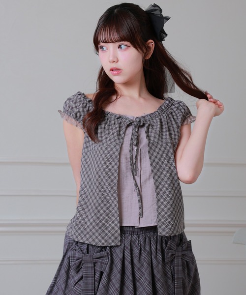 Anely(アネリー)の「Anely 2way チェック柄 フロント リボン レイヤード ブラウス(シャツ/ブラウス・レディース・グレー/パープル/ブラック・FREE)」の10枚目の写真