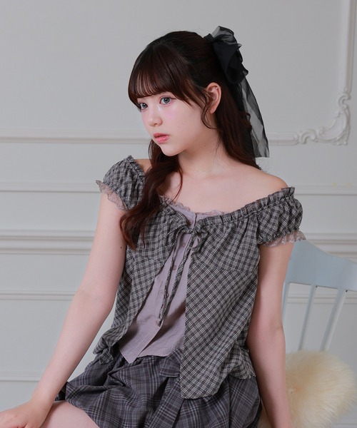Anely(アネリー)の「Anely 2way チェック柄 フロント リボン レイヤード ブラウス(シャツ/ブラウス・レディース・グレー/パープル/ブラック・FREE)」の11枚目の写真