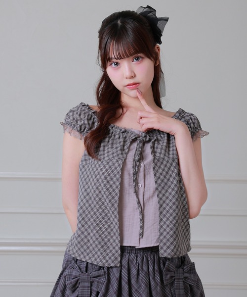 Anely(アネリー)の「Anely 2way チェック柄 フロント リボン レイヤード ブラウス(シャツ/ブラウス・レディース・グレー/パープル/ブラック・FREE)」の12枚目の写真