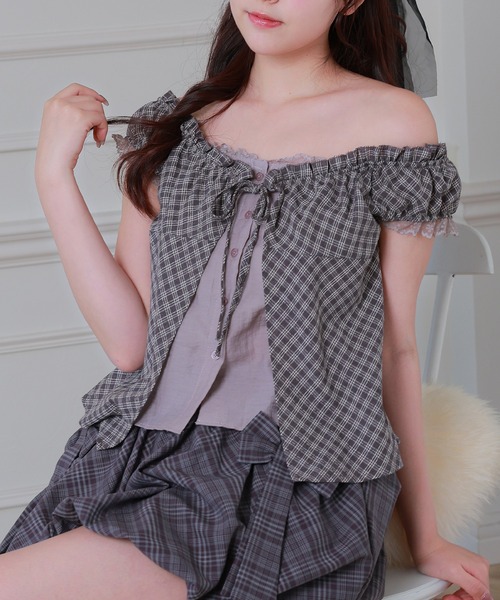 Anely(アネリー)の「Anely 2way チェック柄 フロント リボン レイヤード ブラウス(シャツ/ブラウス・レディース・グレー/パープル/ブラック・FREE)」の14枚目の写真